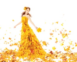Fashion Autumn Woman, Fall Leaves Dress, Beauty Girl Model in Blowing Gown