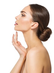 Woman Face Profile. Perfect Women Nose Side view. Facial Model showing with Finger on Slim Chin and Neck. Facelift Massage and Plastic Surgery Concept over White isolated