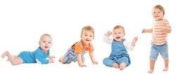 Baby Group over White. Baby Development Stages. Babies Developmental Milestones for first Year. Happy Children Infant and Toddler crawling, sitting, walking