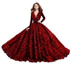 Fashion Model in Red Evening Dress. Beautiful Woman in Princess Ball Gown and Curly Hairstyle. Elegant Lady in Luxury Wedding Dress with Rose Flower over White Studio Background