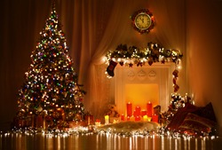 Christmas Room Interior Design, Xmas Tree Decorated By Lights Presents Gifts Toys, Candles And Garland Lighting Indoors Fireplace