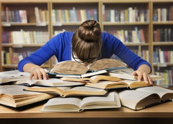 Student Studying Hard Exam and Sleeping on Books, Tired Girl Read Difficult Book in Library
