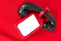 Suitcase Tag, Empty Travel Luggage Label on Handle, Red Baggage Bag Close up
