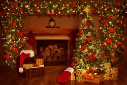 Christmas Fireplace and Xmas Tree, Presents Gifts Decorations, New Year Home Interior Background