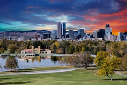 Denver skyline across city park in autumn