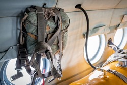 rescue military parachute bag in the helicopter cabin