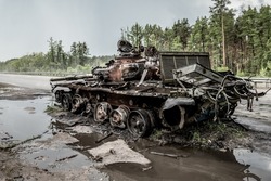 Completely burned russian tank in Ukraine. War in Ukraine