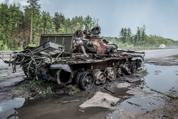 Completely burned russian tank near Kiev. Ukraine. War in Ukraine