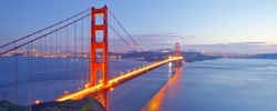 Panorama photo of Golden Gate Bridge at night time, San Francisco, USA