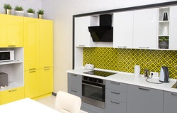 Kitchen interior in yellow colors , illuminating and Ultimate Gray.