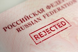 Russia Sanctions and banned russian people, Russian Federation passports with seal rejected. Text translation Russian Federation