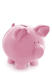 Gorgeous pink piggy bank, isolated on white with soft shadow.