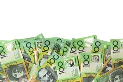 Australian one hundred dollar bills over white background.