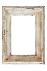 Distressed white painted picture frame, isolated on white background.