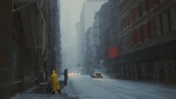 Lone person walking down snowy street in New York City