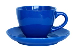 empty blue cup and saucer isolated on white
