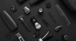 Men beauty and health concept. Various shaving and bauty care accessories placed on black background