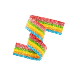 Rainbow sour jelly candy strip in sugar sprinkles isolated over white background. Top view