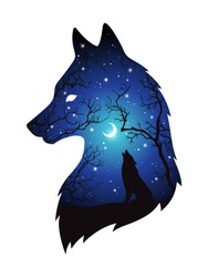 Double exposure silhouette of wolf in the night forest, blue sky with crescent moon and stars isolated. Sticker, print or tattoo design vector illustration. Pagan totem, wiccan familiar spirit art.