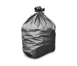 Black trash bag on white background