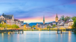 Beautiful view of historic city center of Zurich at sunset in Switzerland