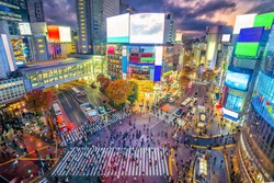 Shibuya Crossing  at twilight in Tokyo, Japan from above