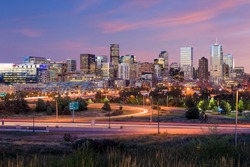 Panorama of Denver skyline long exposure at twilight.