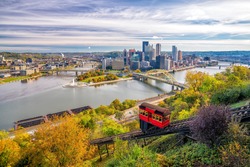 View of downtown Pittsburgh from top of the Duquesne Incline, Mount Washington, in Pittsburgh, Pennsylvania USA