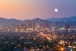 Top view of downtown Phoenix Arizona at sunset in USA