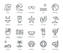Summer and Holidays Icons,  Monoline concept
The icons were created on a 48x48 pixel aligned, perfect grid providing a clean and crisp appearance. Adjustable stroke weight. 