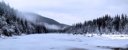 panorama of winter landscape at Buntzen Lake, Anmore, Port Moody, BC, Canada