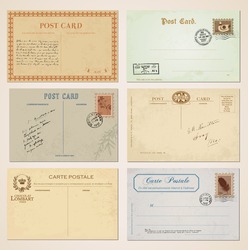 Postcards and stamps in vintage design. Set of 6.