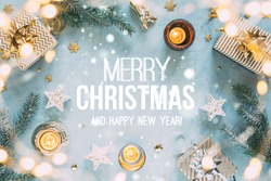 Christmas background with gifts and text - Merry Christmas and Happy New Year.