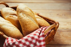 Fresh bread in the basket. Food background.