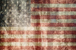 Old grunge flag of United States of America with original color, on damaged paper