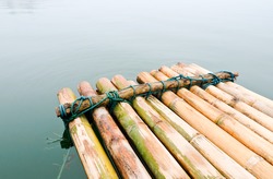 Bamboo raft on the great lake in the early morning,Thailand.