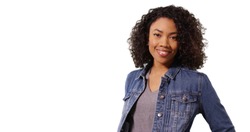 African female in jean jacket with happy expression posing on white copy space