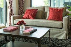 modern living room design with red pillows on sofa