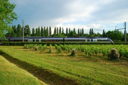 Train in Motion through Green scenery, France, Europe