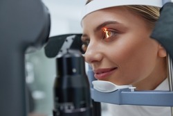 Eyesight Exam. Woman Checking Eye Vision On Optometry Equipment. Patient's Vision Check at Opticians Shop or Ophthalmology Clinic. Eye Clinic Treatment Concept