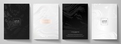 Modern black, white cover design set. Creative fashionable background with abstract marble pattern, crack. Luxury trendy vector collection for catalog, brochure template, magazine layout, booklet