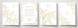 Floral cover, frame design set with gold line pattern (orchid flower on white background). Luxury premium vector background pattern for tropical menu, elite summer sale, luxe invite template