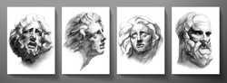 Engraved antique head - poster. Vector line pattern (guilloche) of ancient Greek portrait (closeup man face). Digital graphic for cover, historic artwork, currency, money design, picture