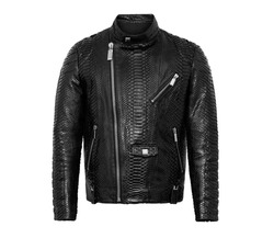 Black leather biker jacket from python skin isolated on white background