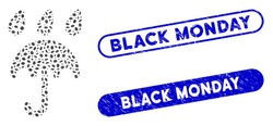 Mosaic sad rain umbrella and grunge stamp seals with Black Monday phrase. Mosaic vector sad rain umbrella is composed with scattered oval items. Black Monday stamp seals use blue color,