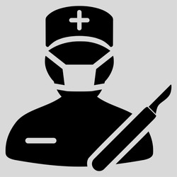 Surgeon vector icon. Style is flat symbol, black color, rounded angles, light gray background.