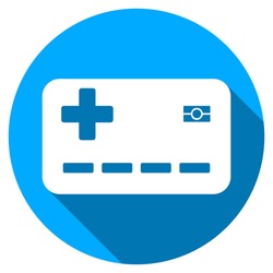 Medical Insurance Card long shadow icon. Style is a light flat symbol with rounded angles on a blue round button.
