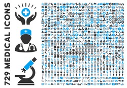 Medical Icon Set with 729 vector health care pictograms. Style is bicolor blue and gray flat healthcare symbols isolated on a white background. Good for hospital apps and web sites.