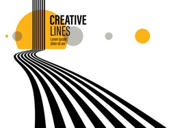 3D black and white lines in perspective with yellow elements abstract vector background, linear perspective illustration op art.