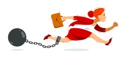 Business woman run with a shackles and weight on her leg symbolizes problems such as debt crisis or taxes vector illustration, funny comic cute cartoon businesswoman worker or employee in a rush.
